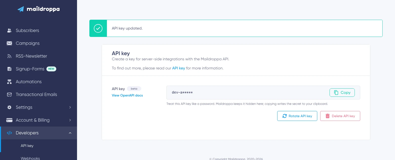 Maildroppa API key settings with masked credentials