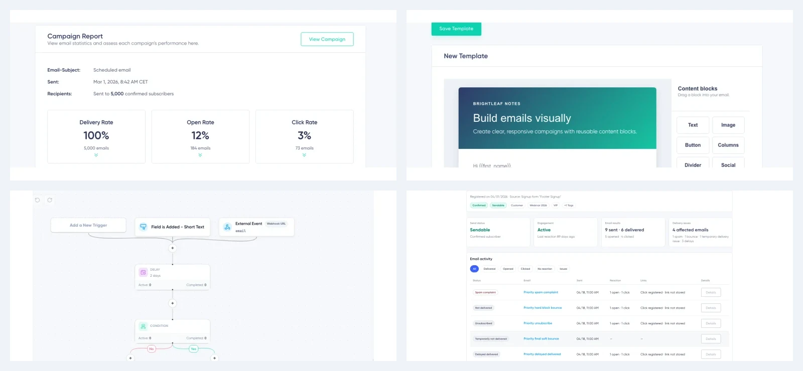 Maildroppa campaign reporting, email editor, automation canvas, and subscriber activity