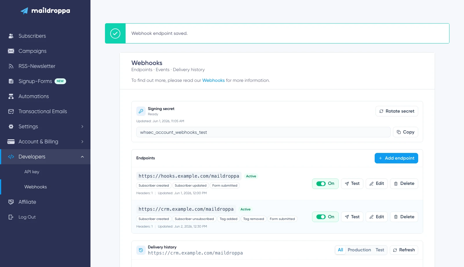 Maildroppa webhook endpoint and delivery history settings