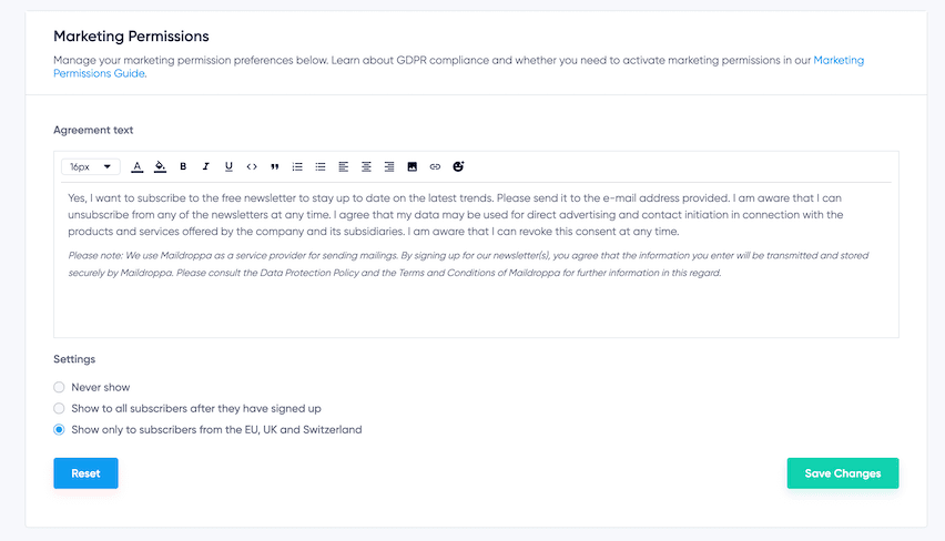 Maildroppa GDPR Agreement Text Editor