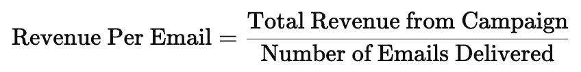 Formula for revenue per email in newsletter marketing strategy: total campaign revenue divided by emails delivered.