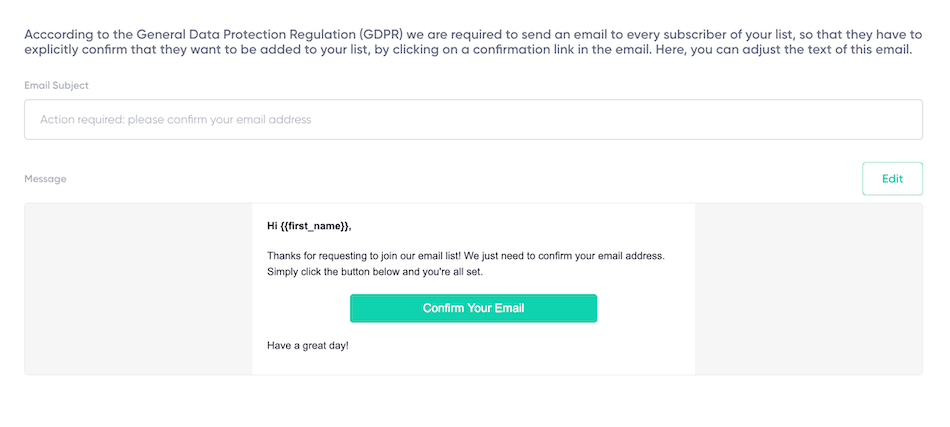 Default Signup Confirmation Email preview with subject and message fields.