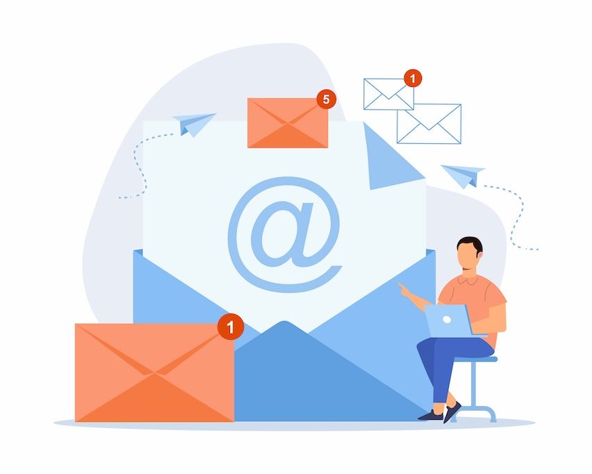 Man pointing at oversized email symbol, visualizing the concept of an 'Email Marketing Campaign' with various letters.