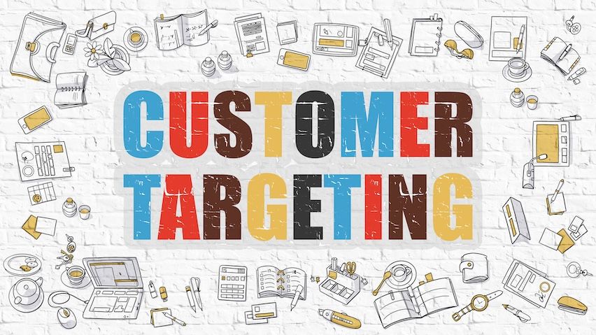 "CUSTOMER TARGETING" surrounded by icons like smartphones and laptops, symbolizing diverse audience identification in targeted mail marketing