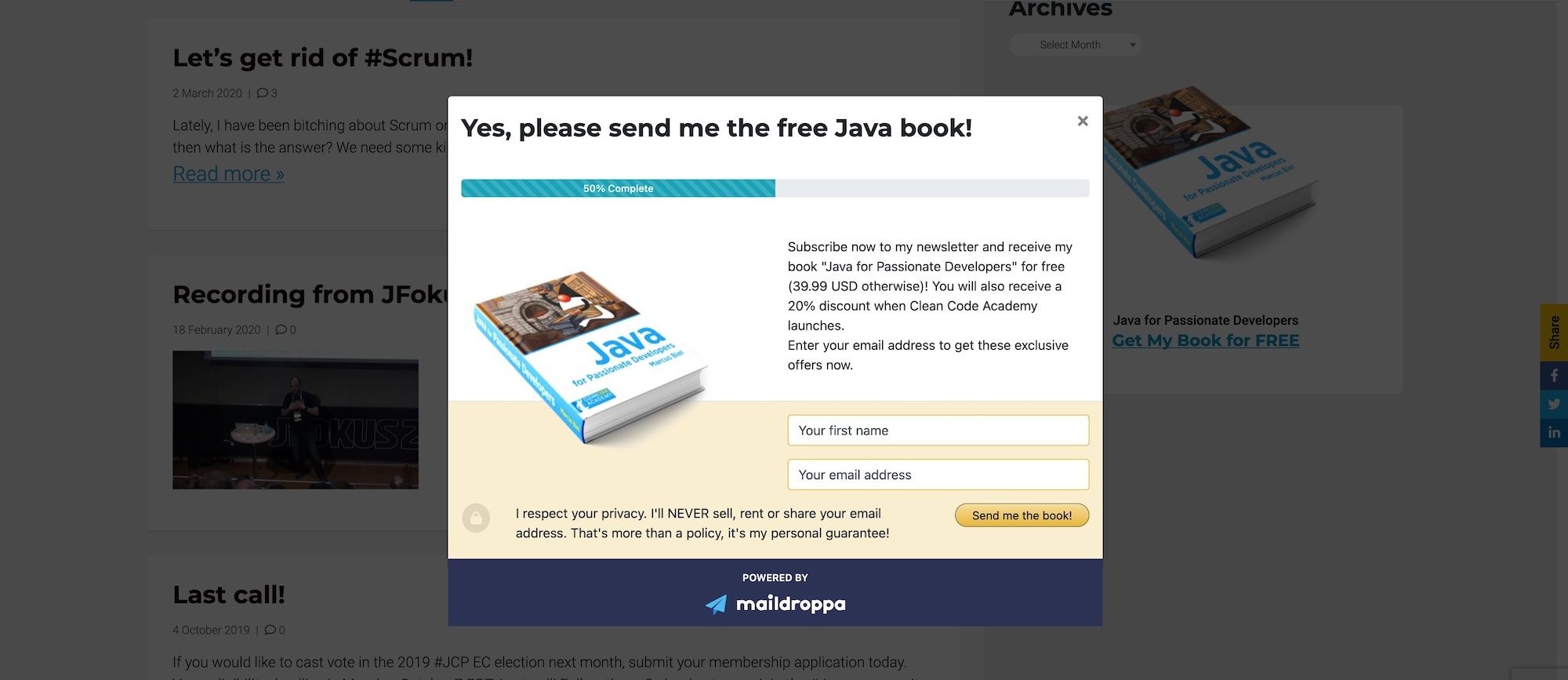 Manual-trigger popup form opens after clicking a lead magnet image, showing a smooth, low-friction email sign-up experience.