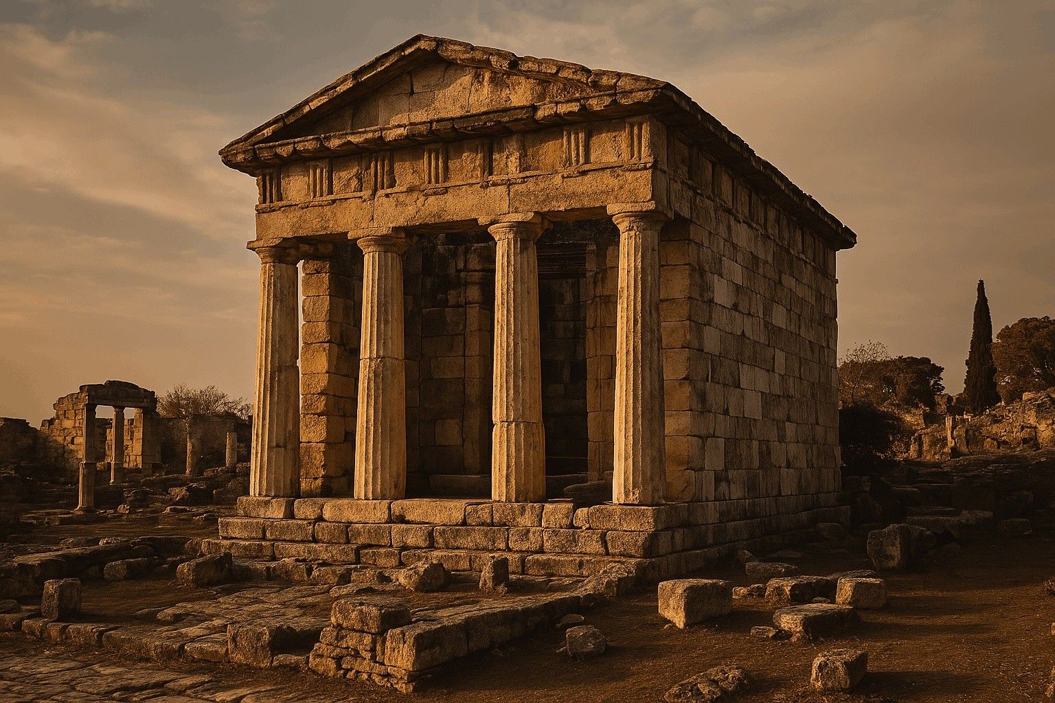 Ancient stone temple at sunset, symbolizing the historical roots and evolving meaning of bootstrapping in entrepreneurship.