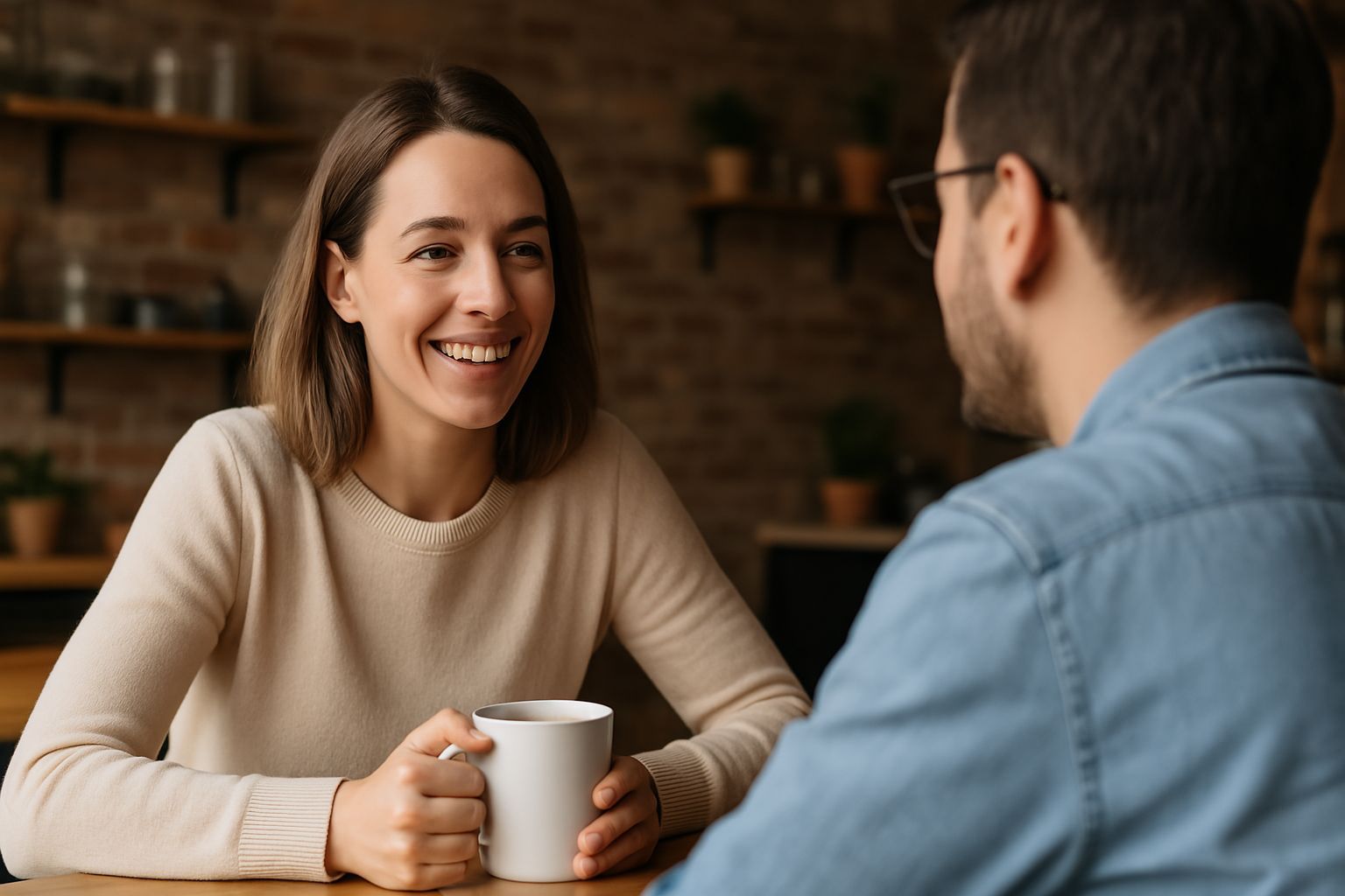Two friends talking over coffee, symbolizing how effective email content uses a friendly, conversational tone to engage subscribers.