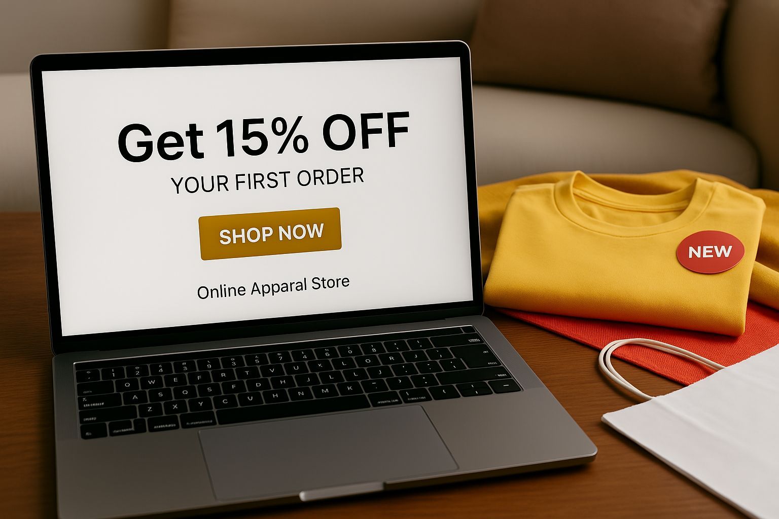 A laptop displays a 15% discount offer beside a new yellow shirt, symbolizing a gentle push to convert interest into a first purchase.