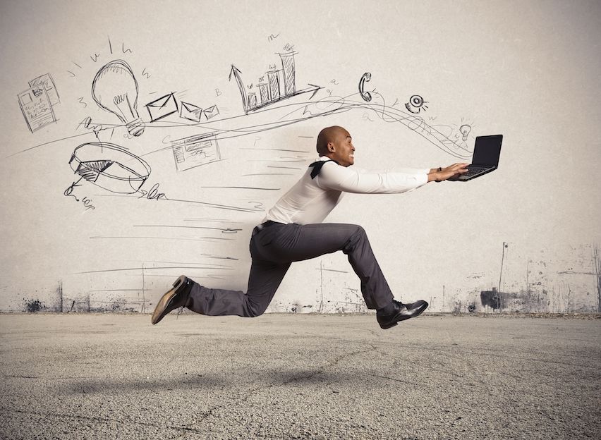  A man hurrying with a notebook, symbols flying, illustrating the urgency in 'Awaiting your feedback' as a dynamic email sign off.