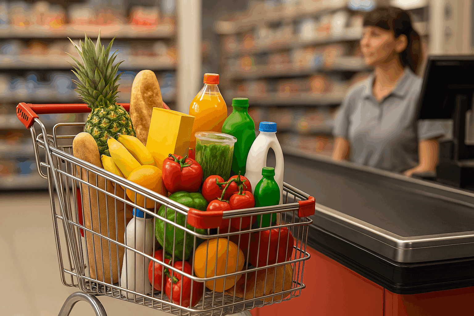 A full shopping cart left at a supermarket checkout, illustrating an abandoned purchase.