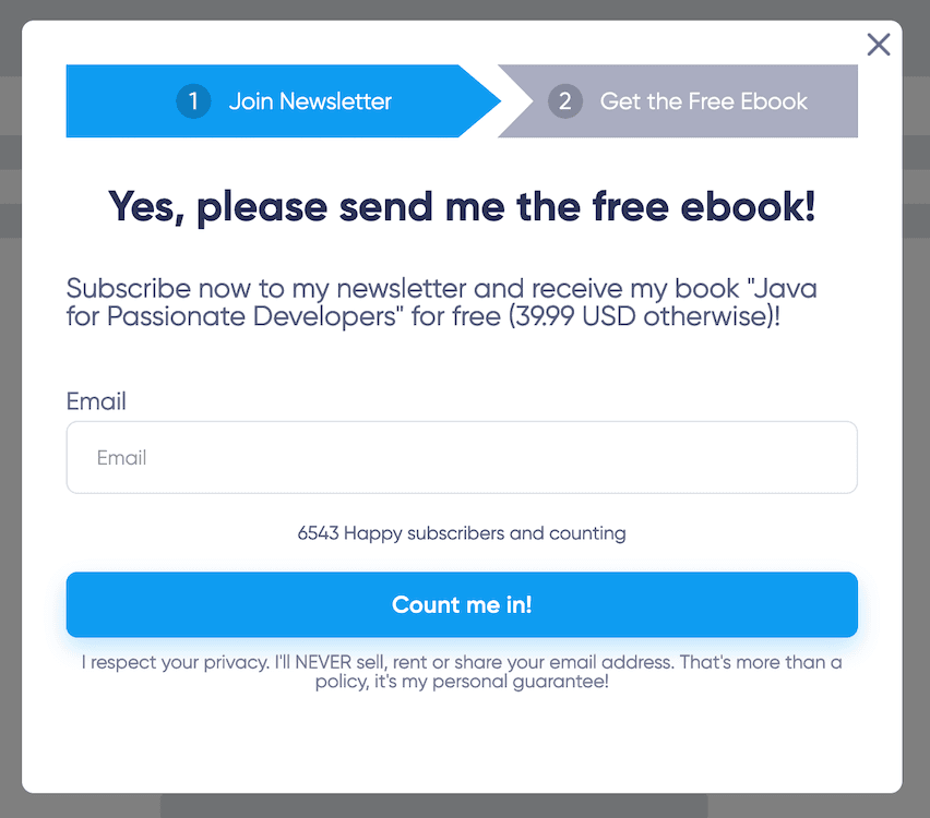 Sign-up form with step indicator for free eBook 'Java for Passionate Developers' and subscriber count.