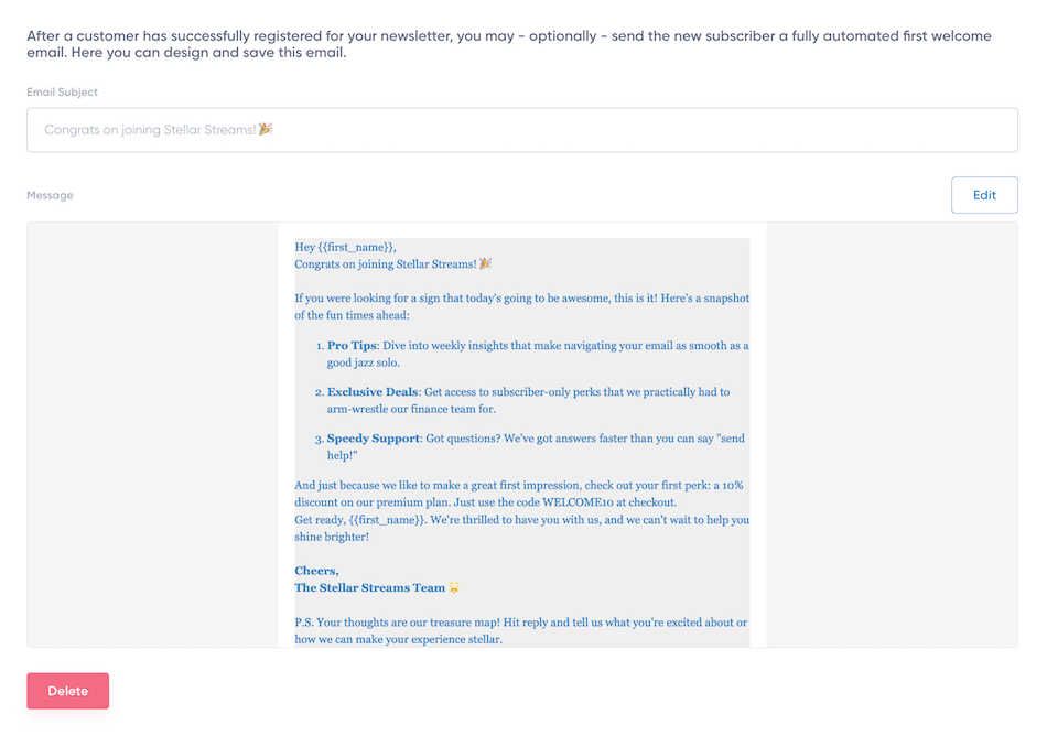 Edit or delete existing welcome email