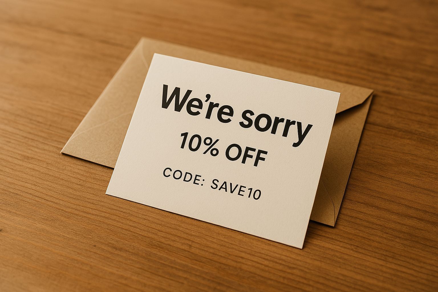 Apology card with discount code on table, showing how to apologize for mistakes in your email with a sincere offer.