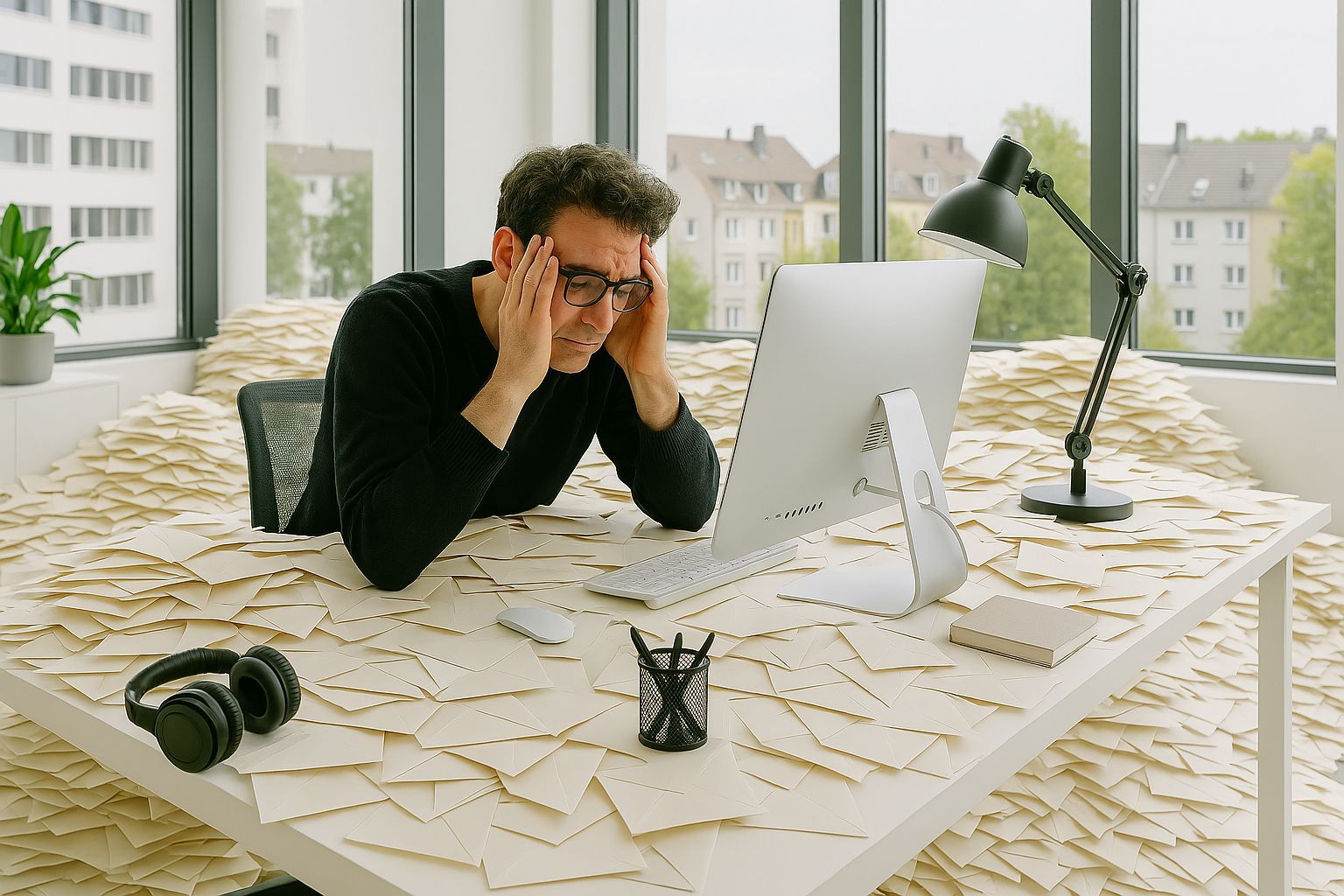 Solo business owner overwhelmed at desk, surrounded by envelopes, illustrating inbox fatigue from excessive marketing emails.