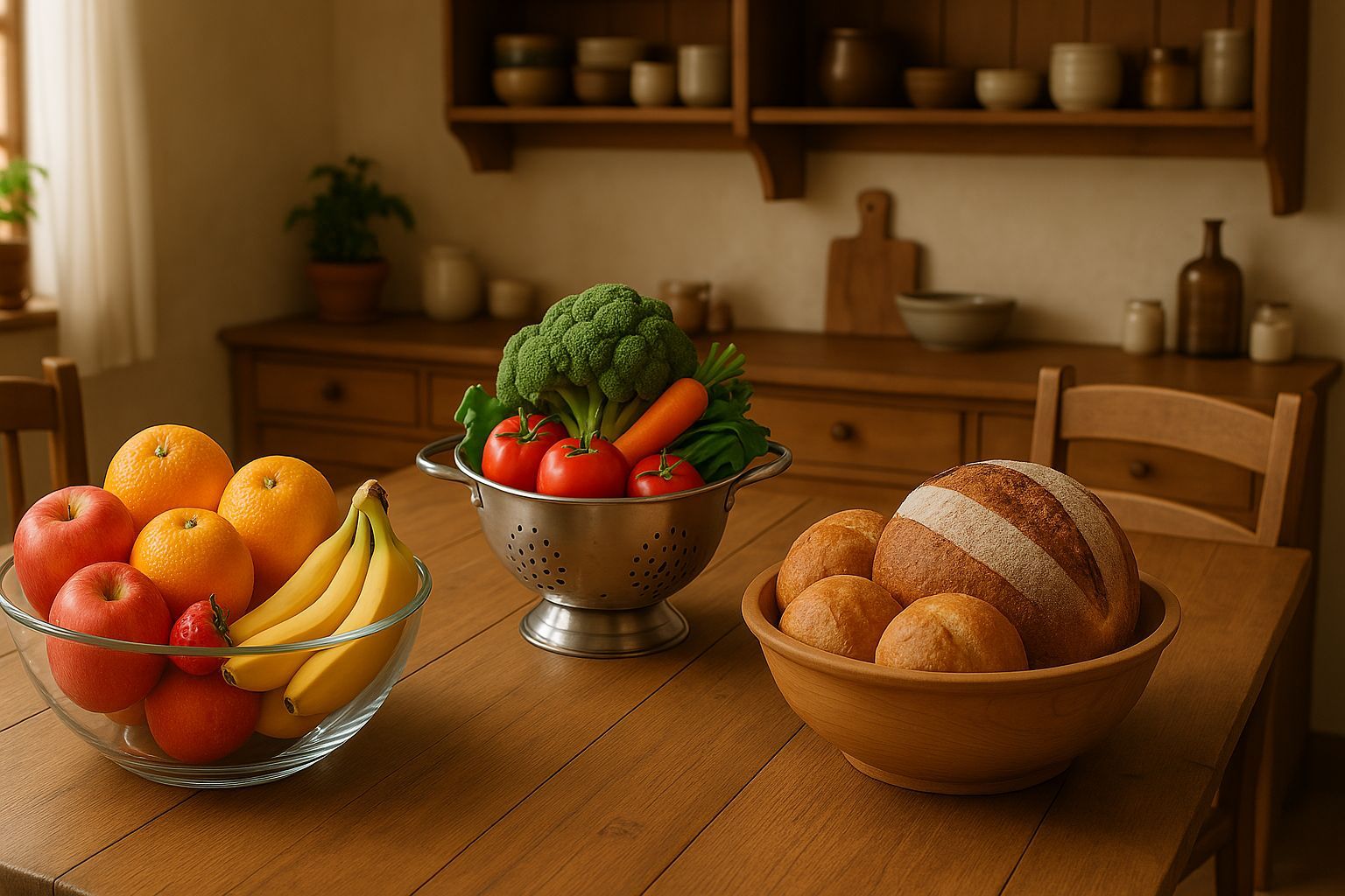 Glass bowl with fruits, wooden bowl with bread, and metal colander of vegetables illustrating email segmentation.