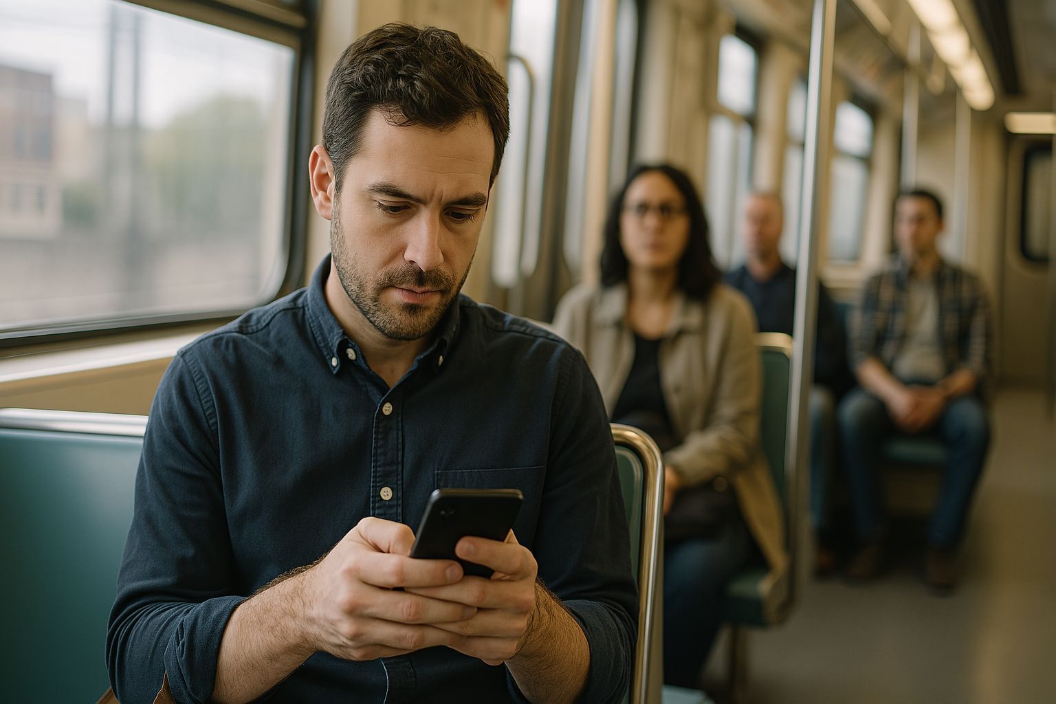 Man checking his phone on a train, illustrating how working professionals engage with marketing emails during commutes.