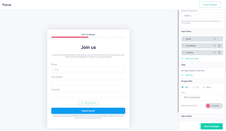 Canvas of the visual sign up form builder, divded into 2 main sections