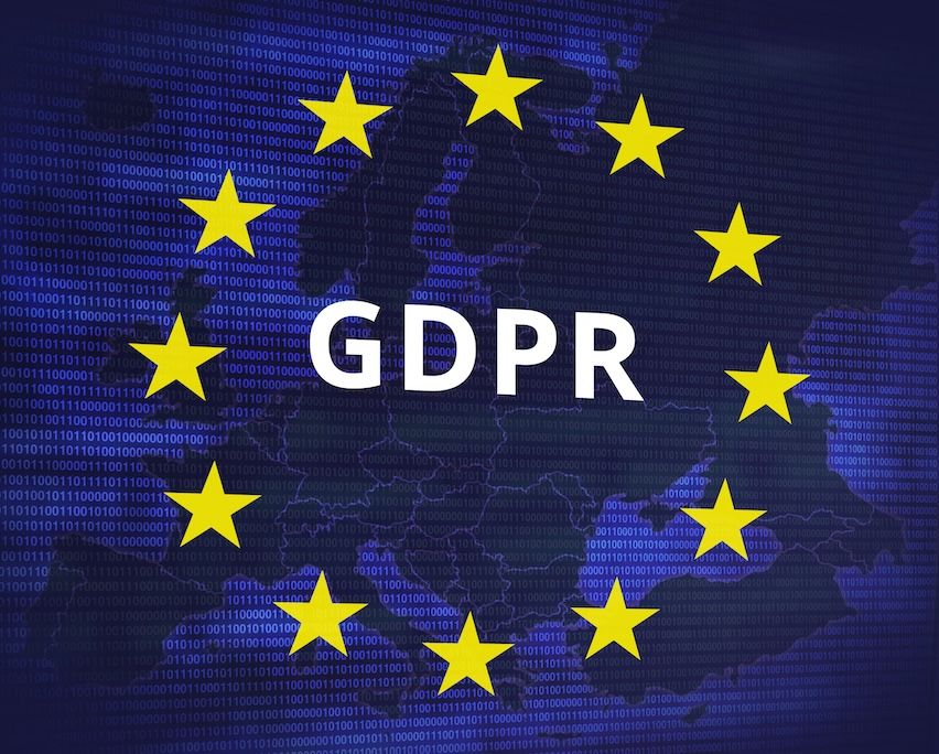 Dark blue background with binary code, European map, and 'GDPR' in white, symbolizing data protection.