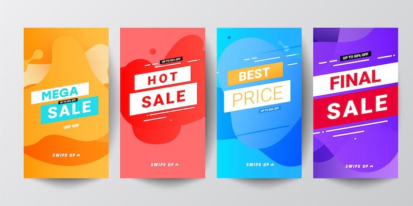 Four colorful flyers with 'MEGA SALE, HOT SALE, BEST PRICE, FINAL SALE' for targeted mail marketing campaigns.