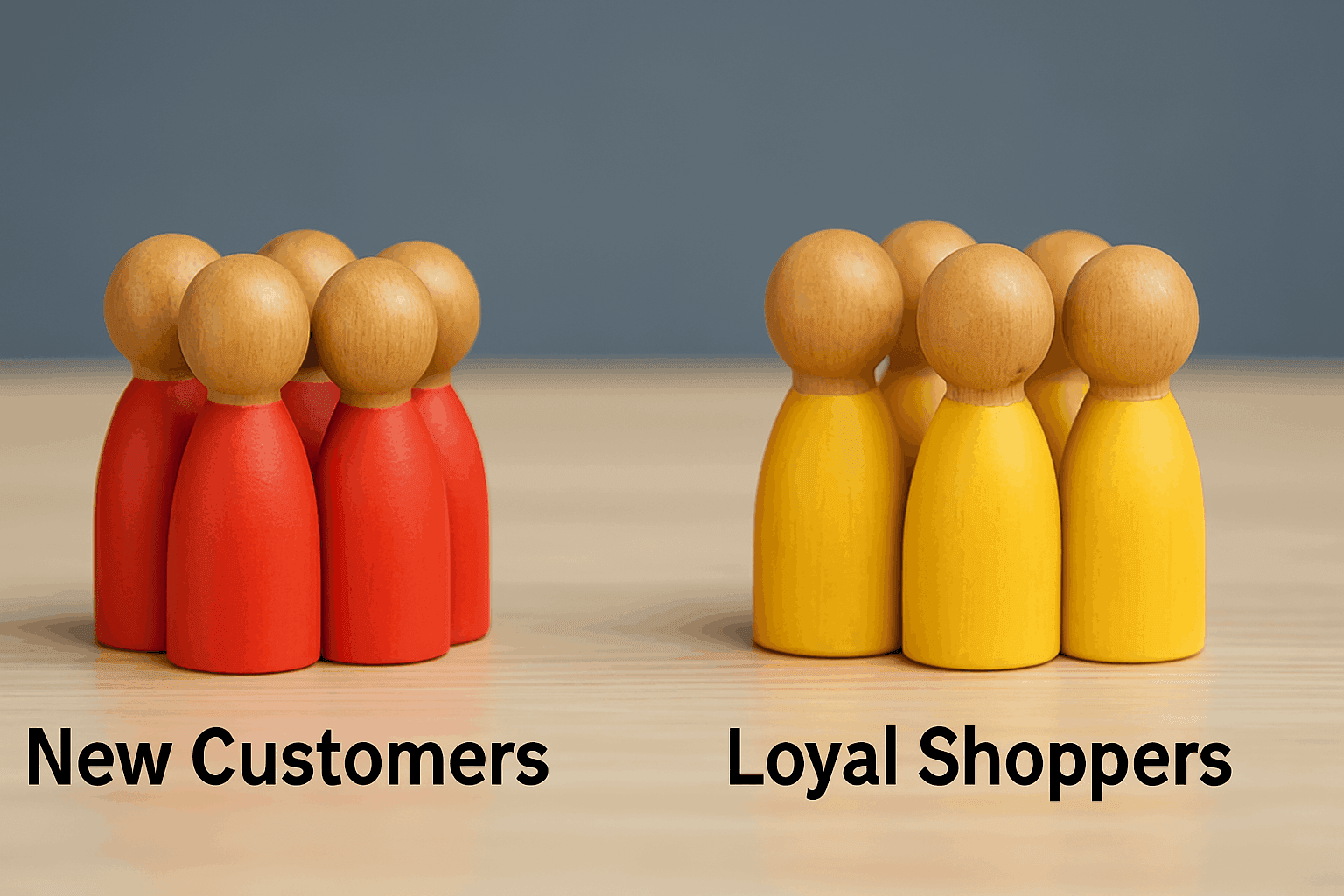 Two colored groups of wooden figures showing segmentation for targeted email marketing based on subscriber data.