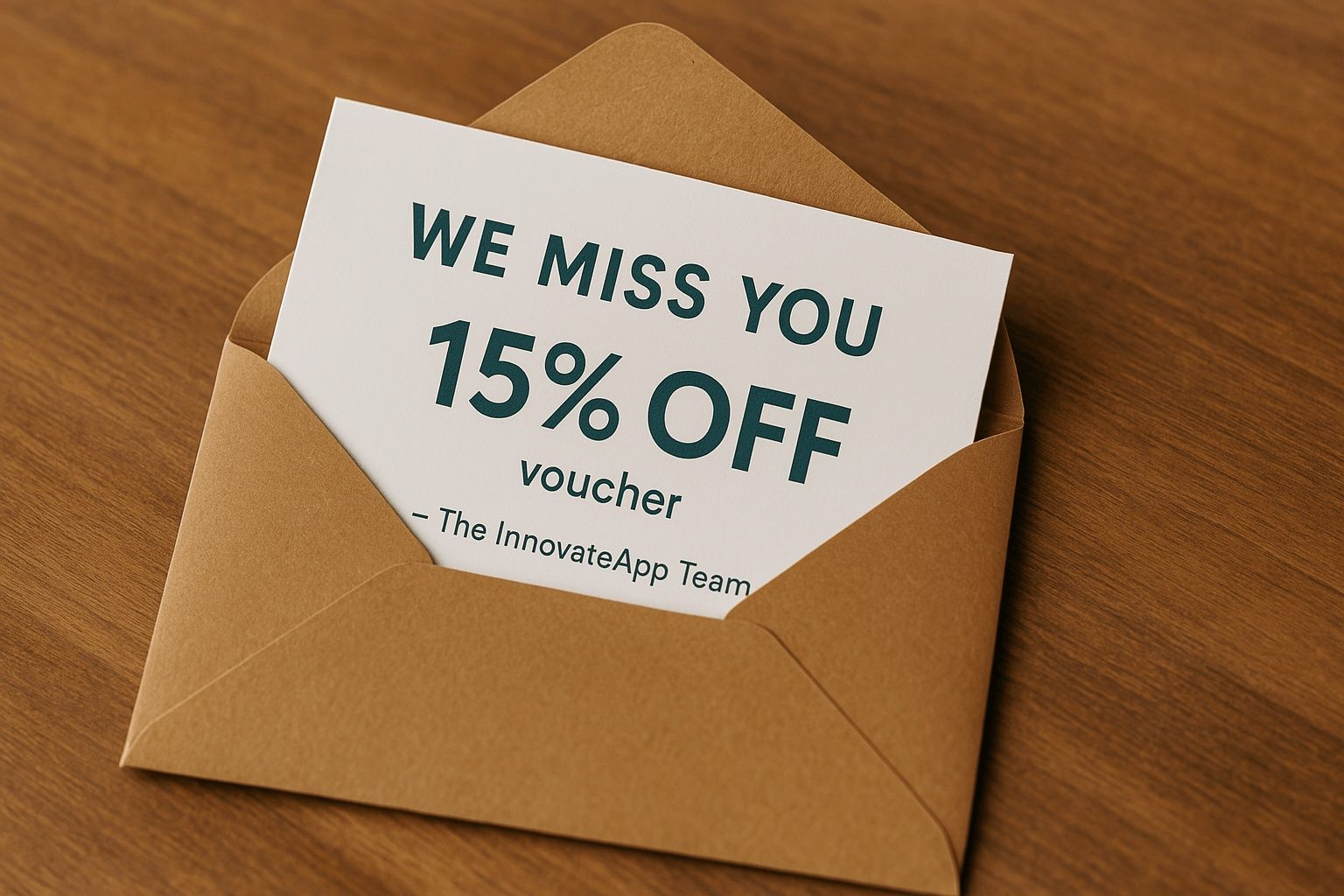 “We Miss You” card and 15% off voucher in envelope, visualizing targeted re-engagement email marketing for inactive users.