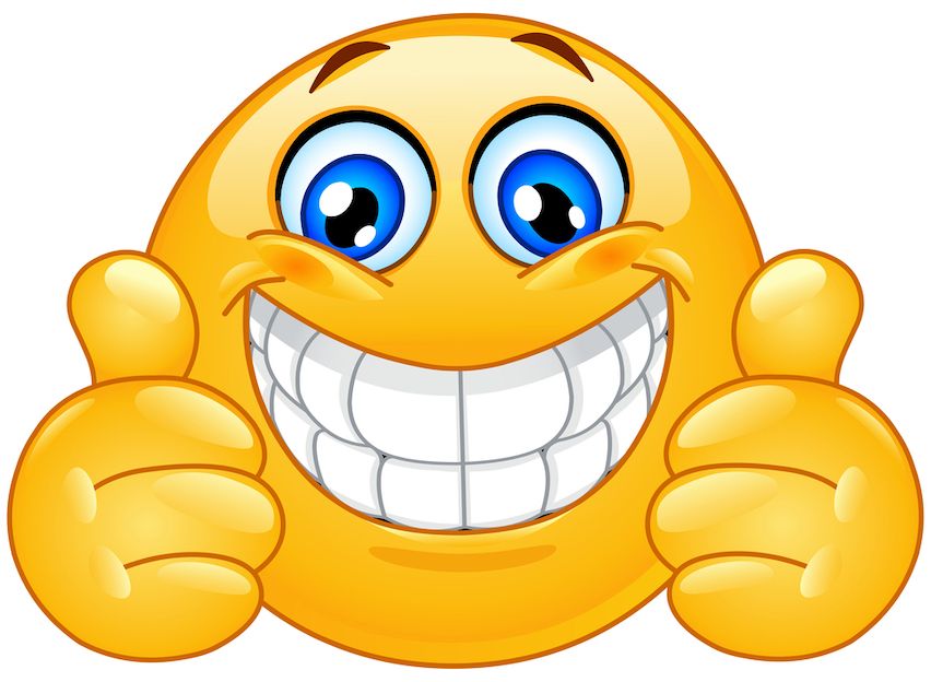 Brightly grinning emoji with thumbs up, a reminder to use emojis sparingly to avoid overwhelming email recipients.