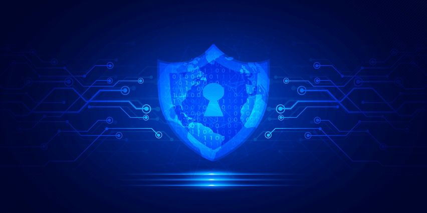 A lock and shield illustration with binary codes and a world map, symbolizing secure email authentication measures for bulk email marketing.