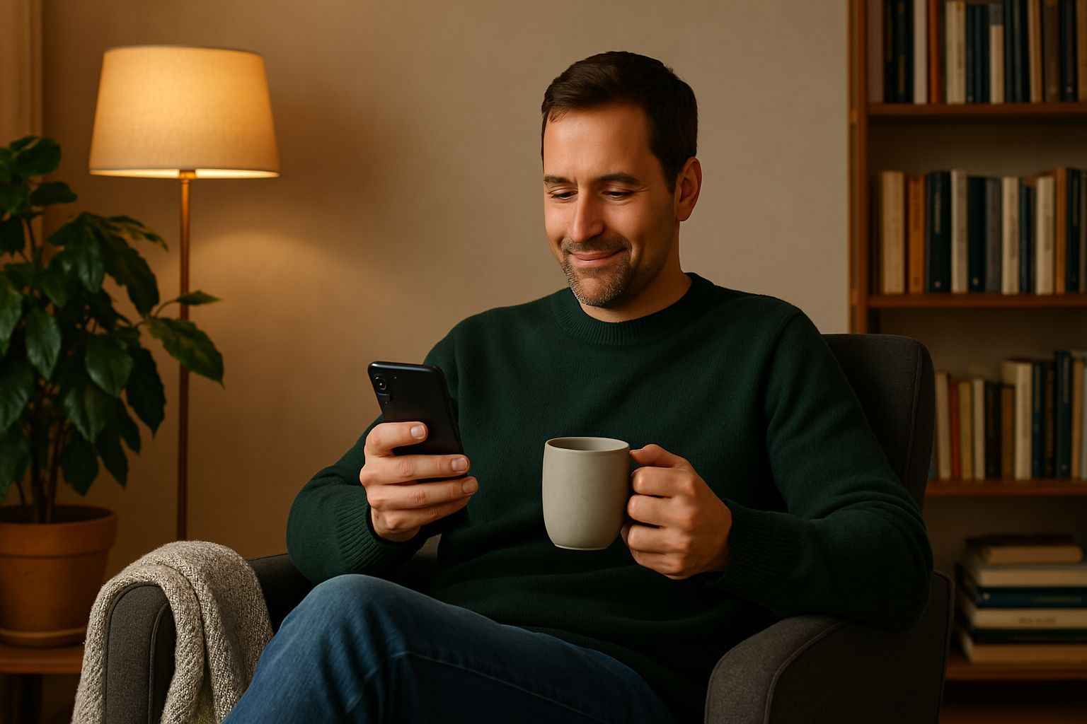 Man smiling at his phone with a coffee in hand, illustrating the feeling of enjoying well-crafted, valuable email content.