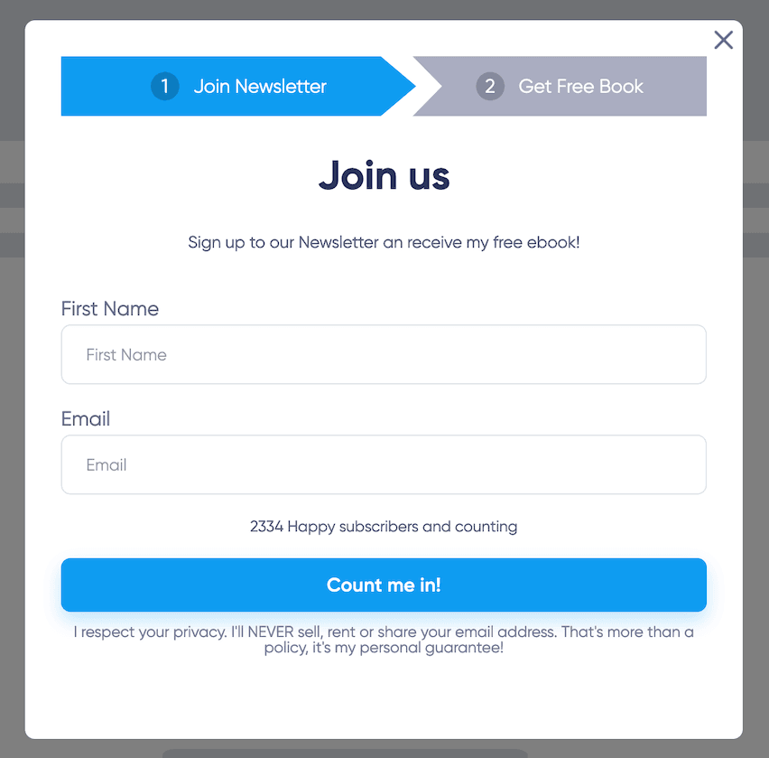 Maildroppa signup form with steps for newsletter and free ebook, highlighting privacy guarantee and real subscriber count.