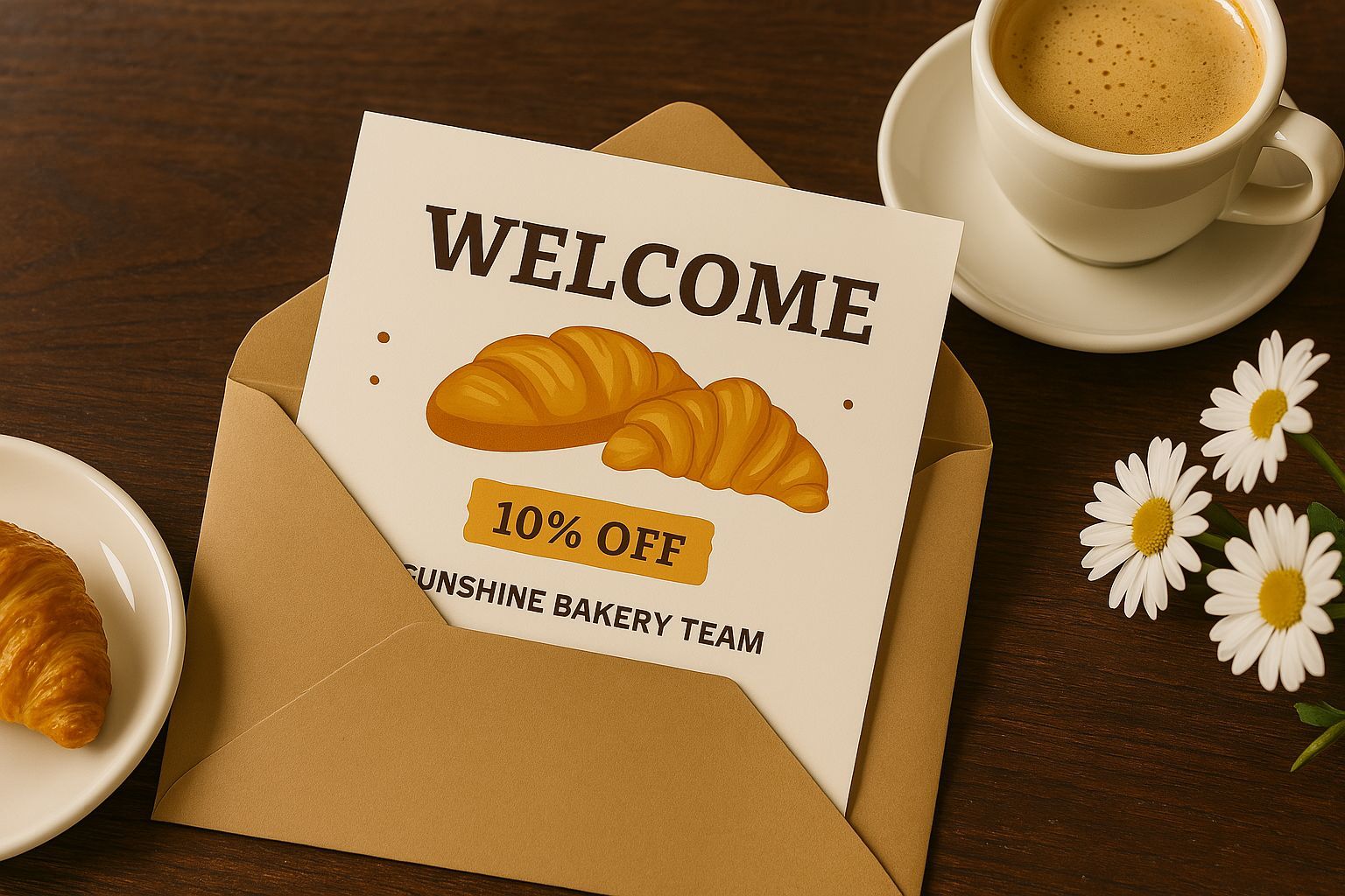 A welcome card from Sunshine Bakery with a 10% offer, a croissant, and coffee—symbolizing a warm, engaging first email.
