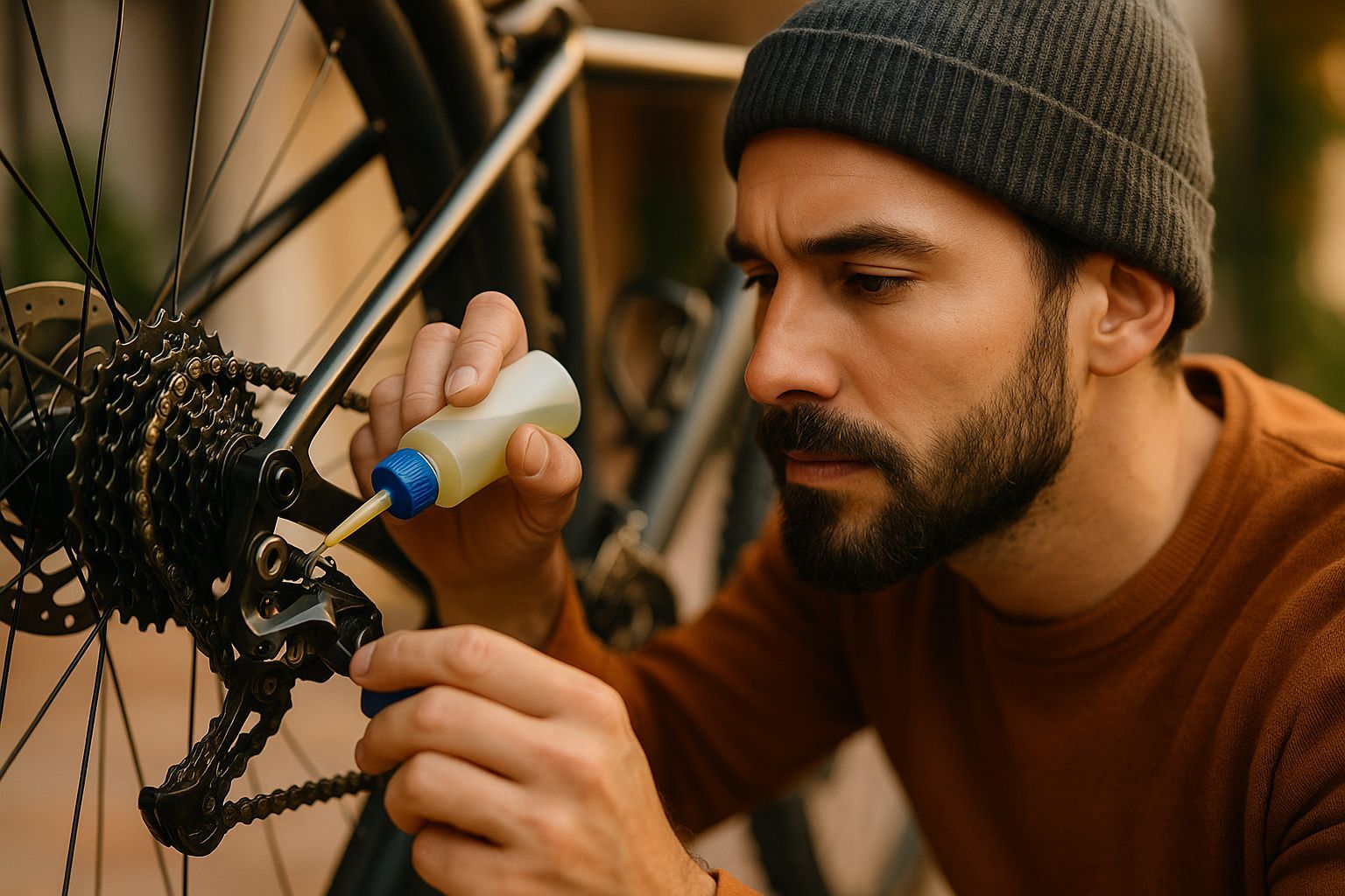 Man oiling bike chain, illustrating newsletter maintenance tips inspired by competitor analysis