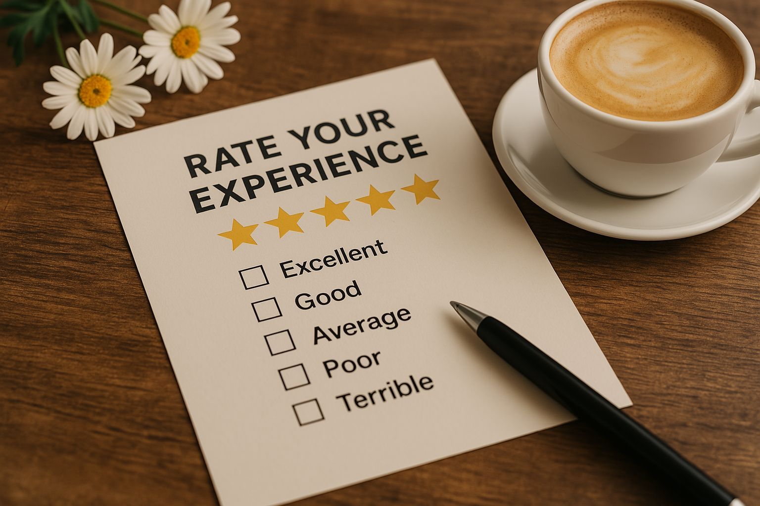 A paper feedback card with a pen and coffee in a café setting, symbolizing how gathering feedback deepens customer relationships.