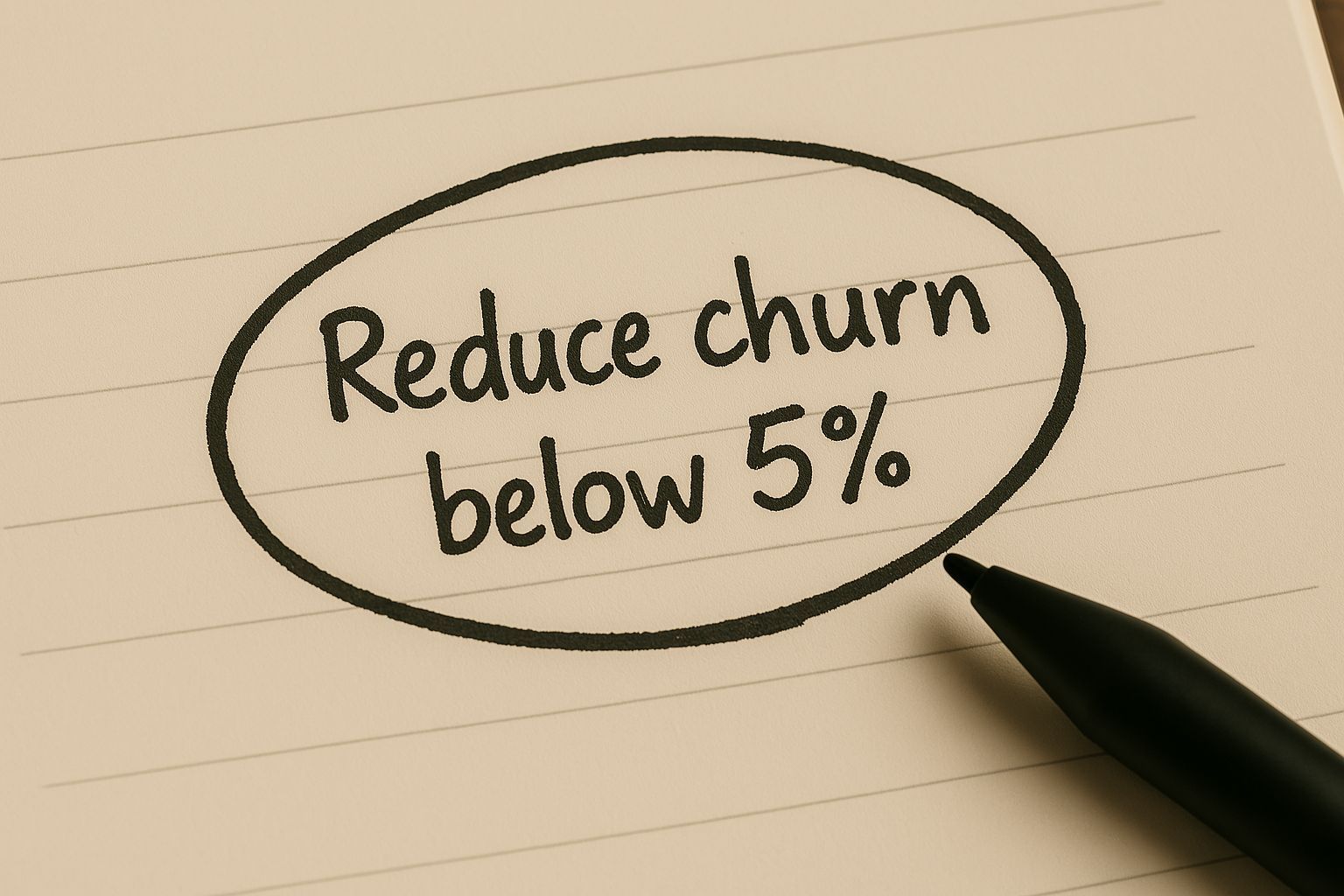 Handwritten note “Reduce churn below 5%” circled in a notebook, symbolizing the importance of clear core business goals.