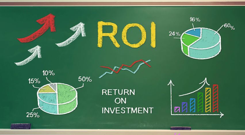 Green chalkboard illustrating email marketing ROI with diagrams, charts, and upward arrows, highlighting investment returns.