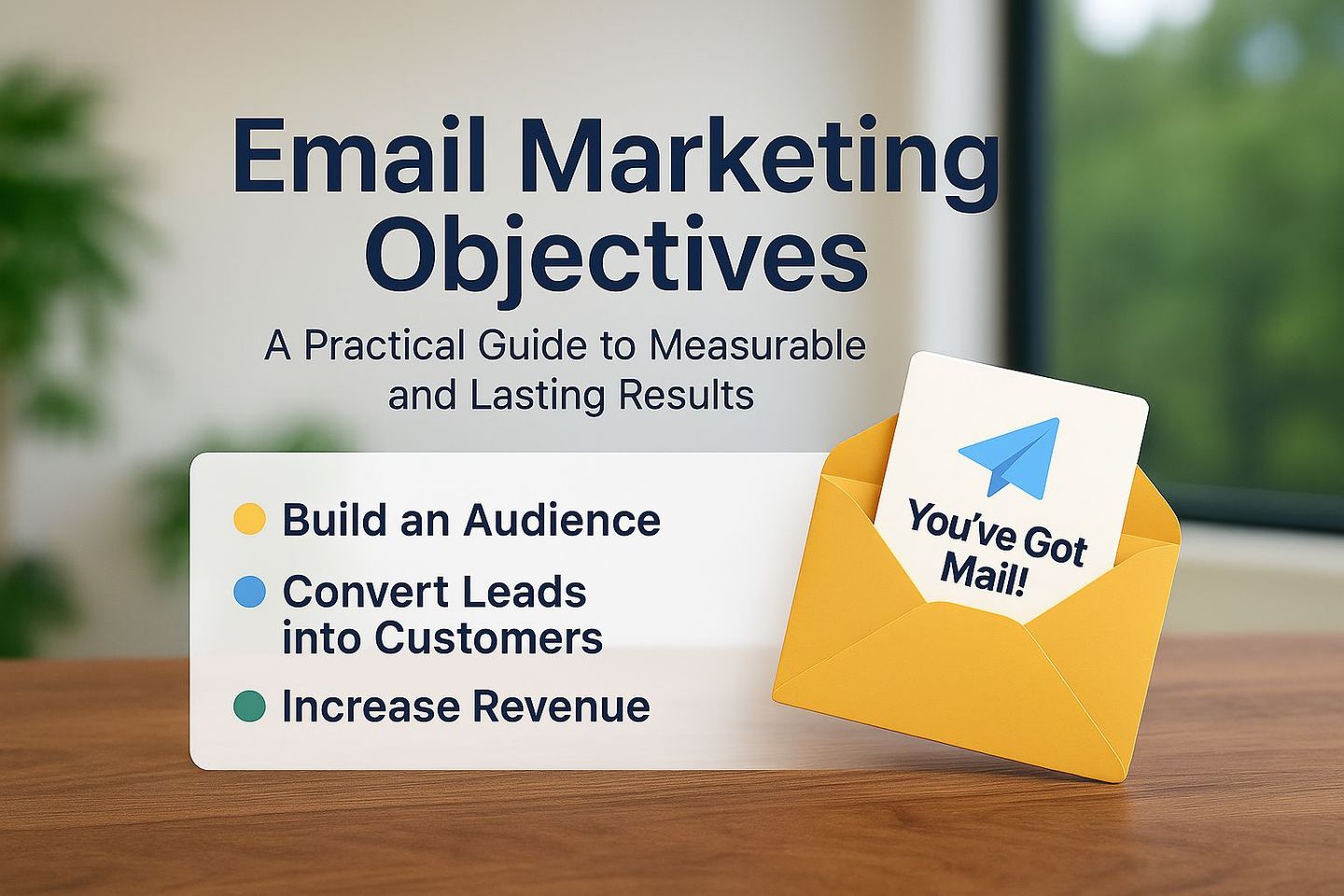 Teaser image showing email marketing objectives on a slide, placed on a real walnut desk with natural light and plants.