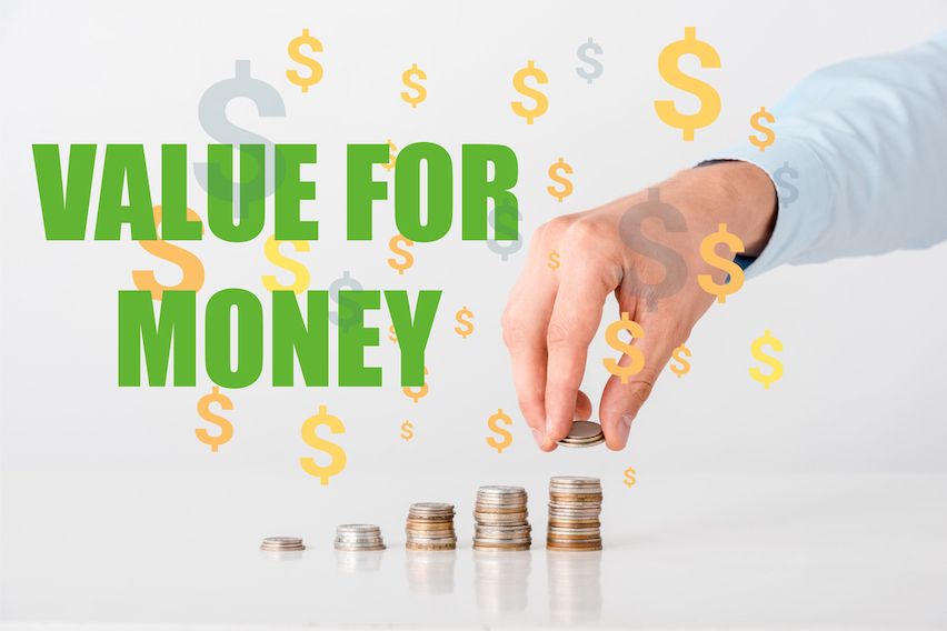 Coin stacks increase in size with a hand adding to the top; 'VALUE FOR MONEY' above, showcasing email marketing's cost efficiency.