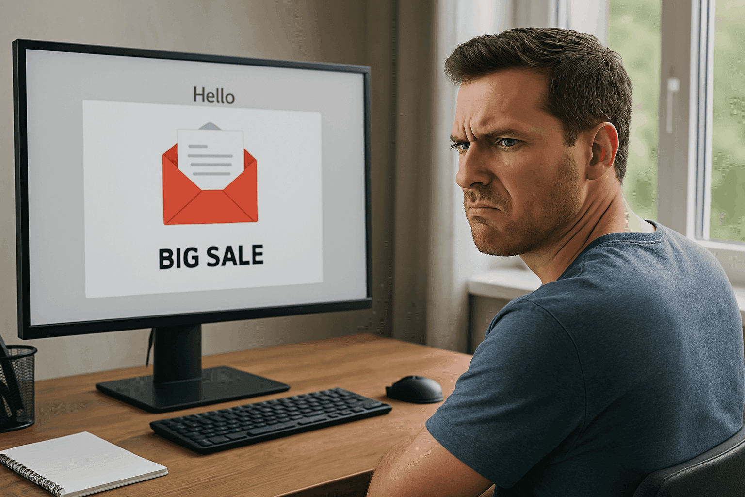 Frustrated man stares at desktop showing "BIG SALE!" email, highlighting the issue with non-targeted messages.