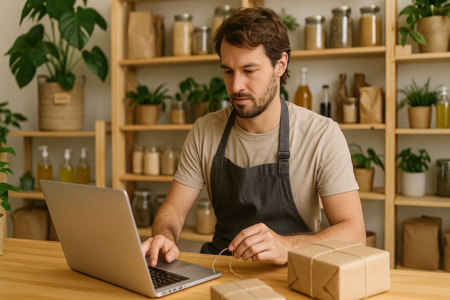 Eco-store owner Ben working at his laptop, representing the focused, ideal reader persona for targeted newsletter content.