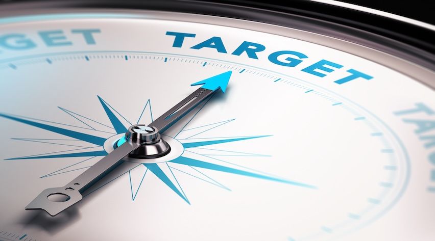 Modern compass dial highlighting "TARGET" for aligning email marketing strategies with business goals, emphasizing focus on niche audiences. 