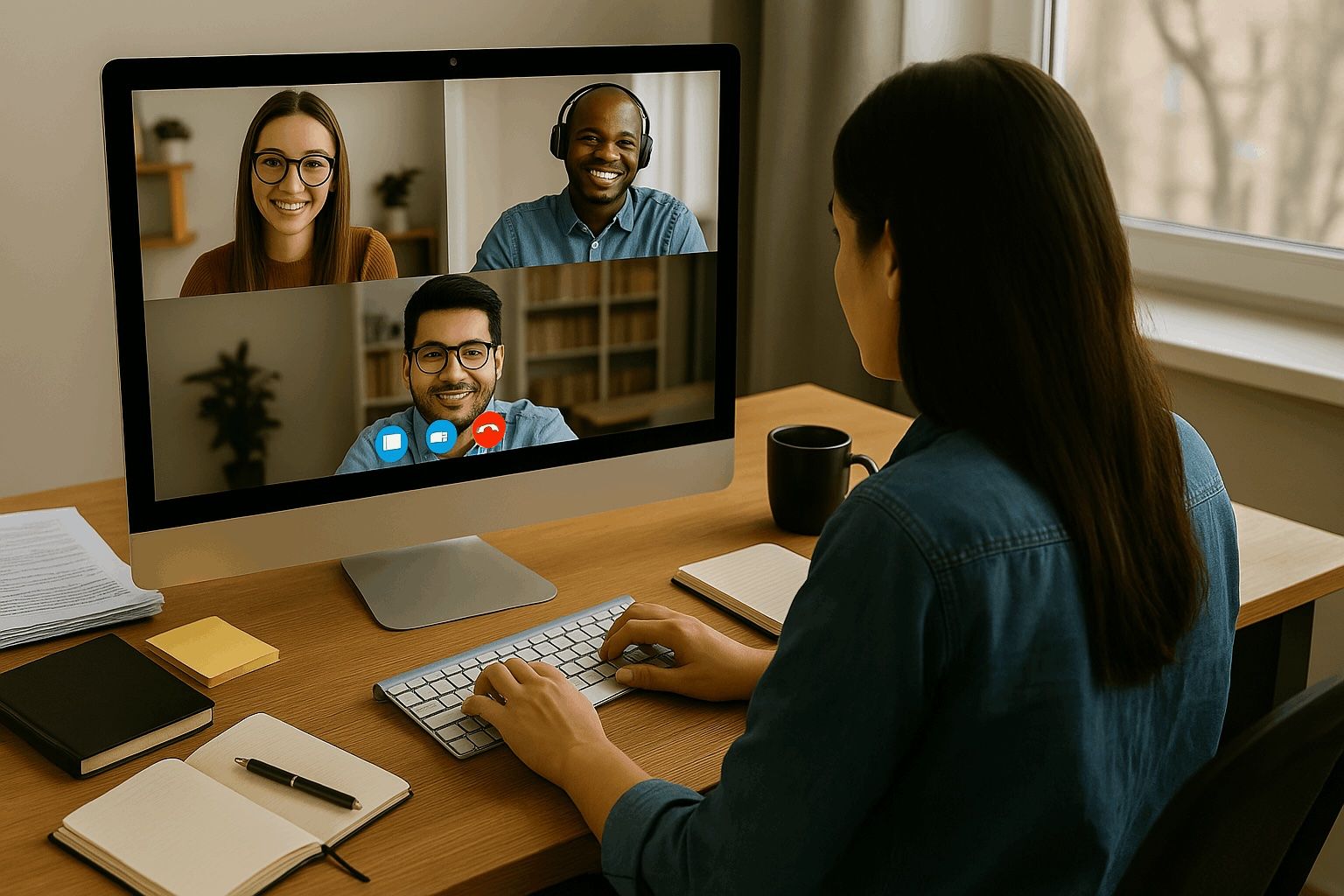 Woman in video call with freelancers, illustrating cost-effective remote collaboration and outsourcing for business growth.