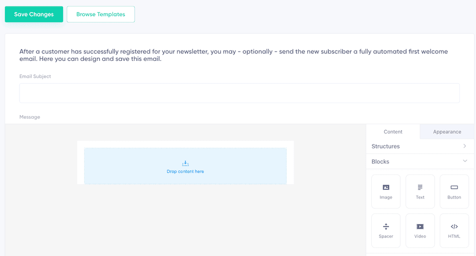 Empty Drag and Drop Editor for new Welcome Email