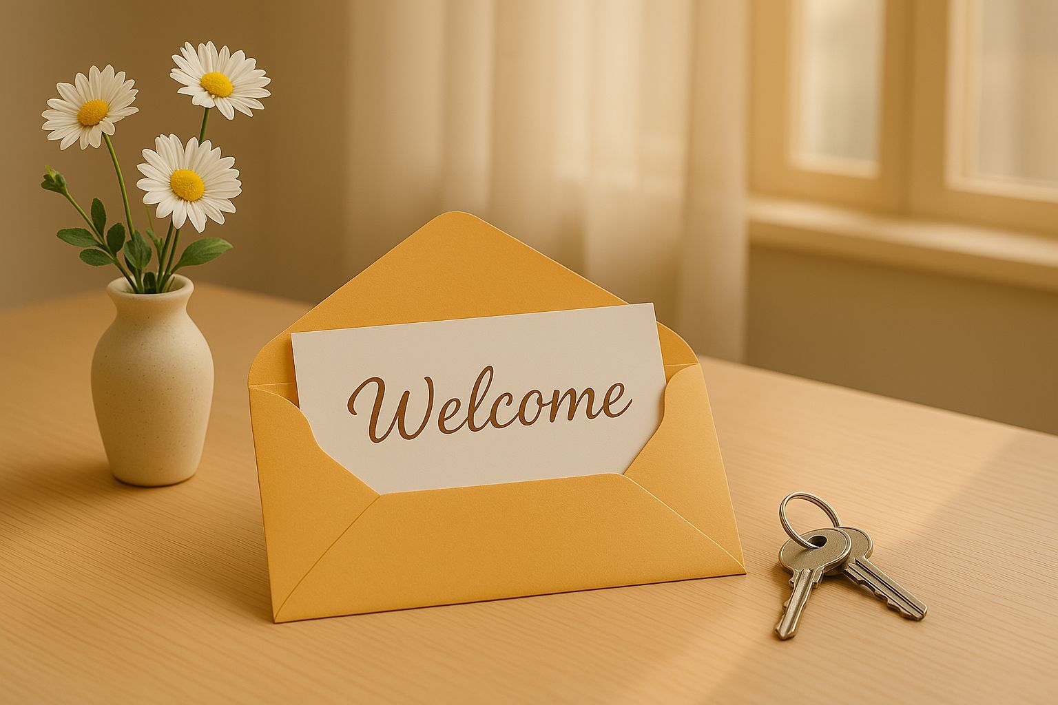 Welcome card in yellow envelope with keys and flowers, symbolizing email marketing best practices for onboarding subscribers.