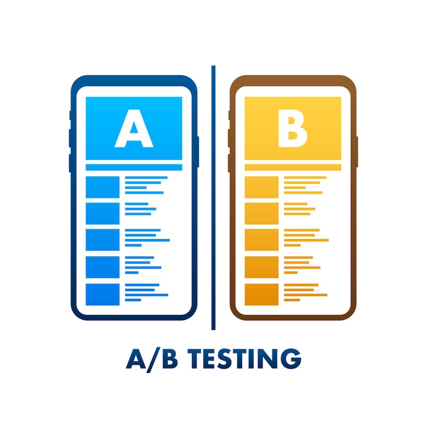 Two smartphones side by side labeled A and B for A/B testing, symbolizing comparison of email campaign versions.