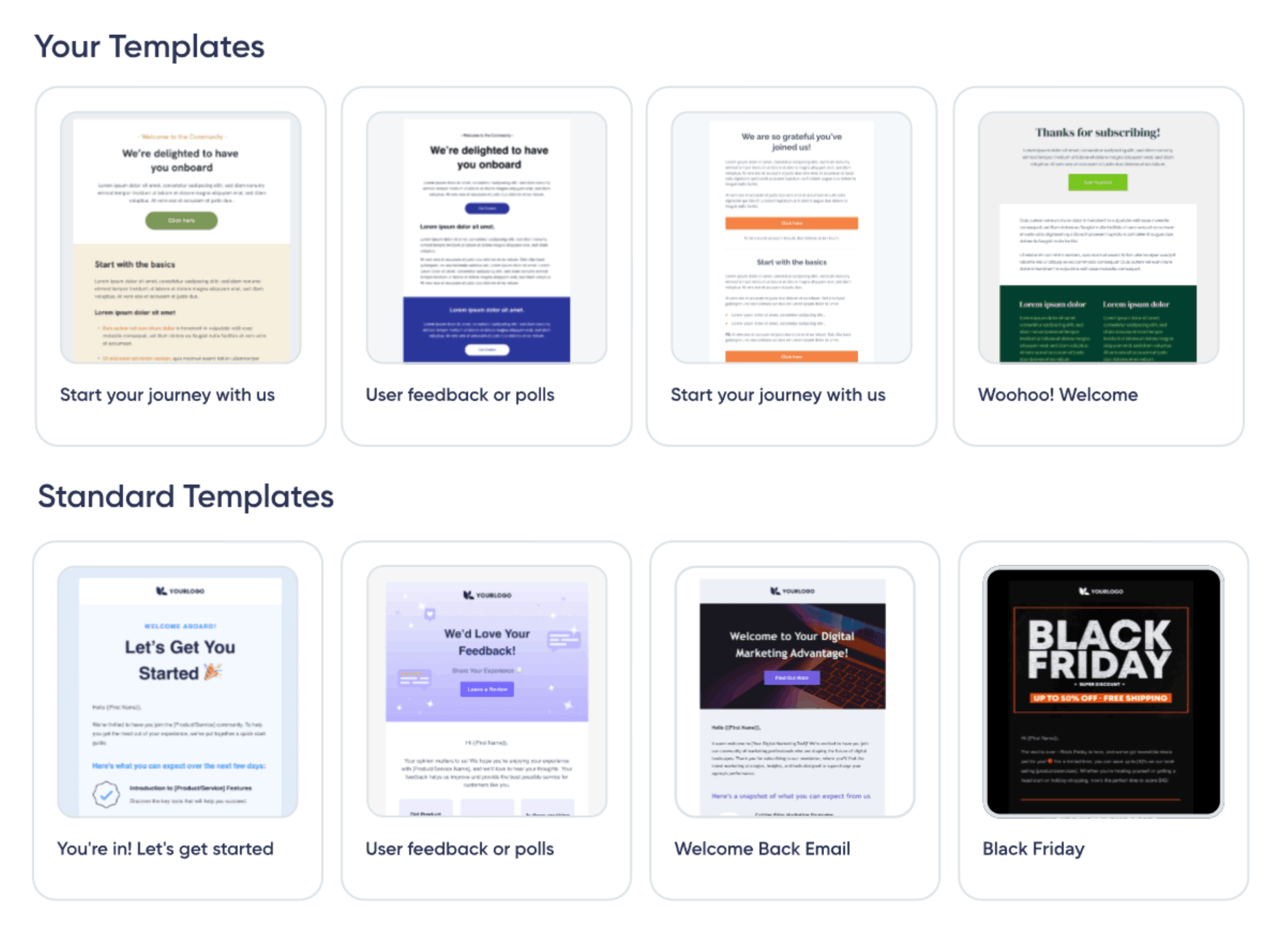 Screenshot of various newsletter templates, perfect for quick customization to keep branding consistent and save time.
