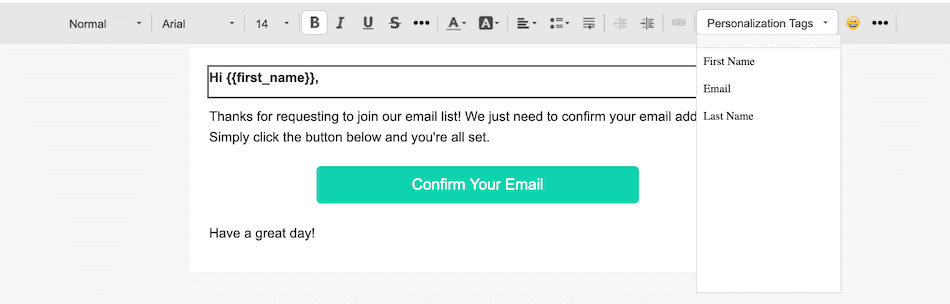 Email editor toolbar with an option to add personalization tags.