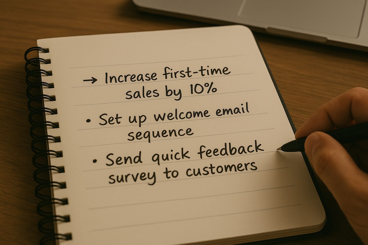 Handwritten email marketing objectives in a notebook, showing clear next steps for growing first-time customer sales.