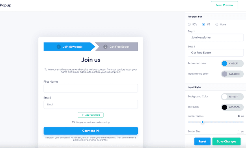 Maildroppa's visual form builder interface showcasing a subscription form creation process, featuring a two-step progress bar and a real-time subscriber count display for enhanced conversion and social proof.