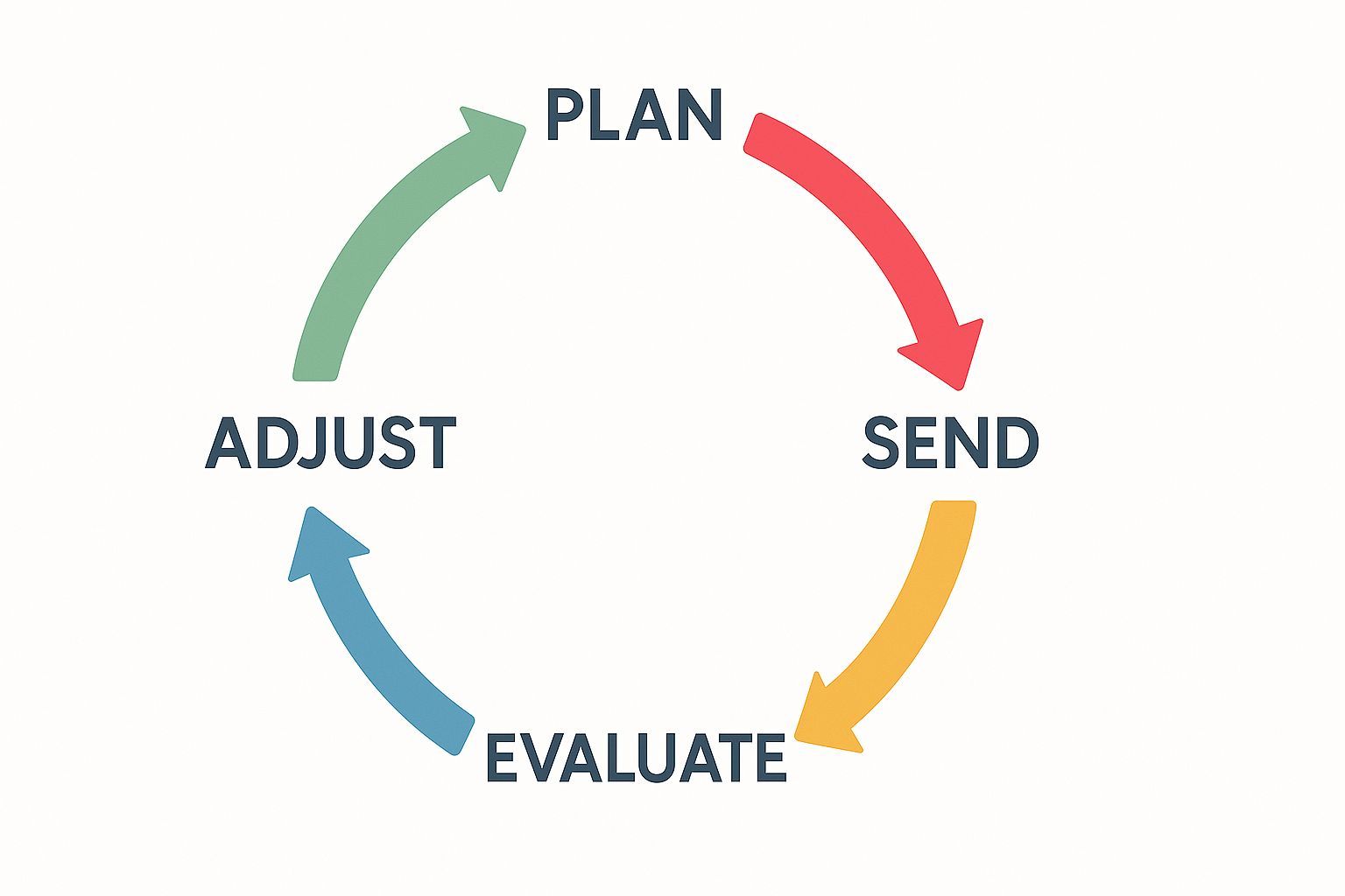 Circular diagram showing Plan, Send, Evaluate, Adjust—illustrating the continuous testing cycle in email marketing.