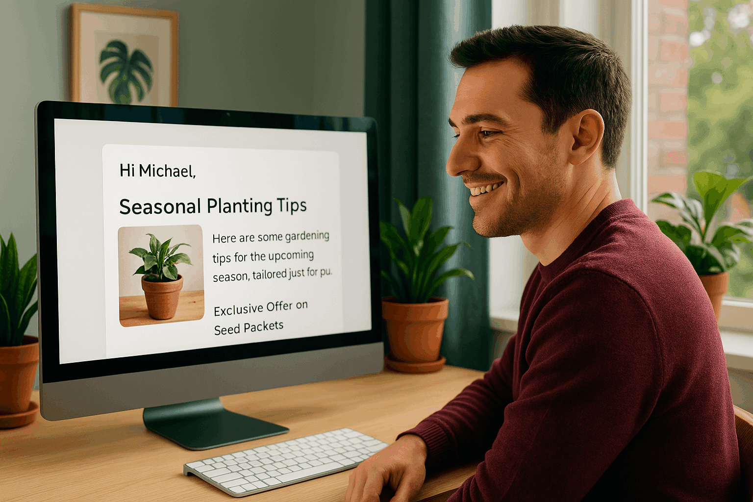 Happy man reads personalized email starting with “Hi Michael,” showcasing tailored targeted email marketing.