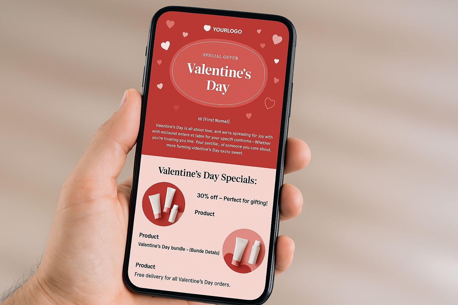 Smartphone user viewing a neatly designed, responsive promotional email, highlighting clarity and mobile optimization.